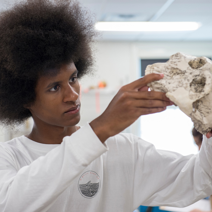 Student holding a skull examining it in class