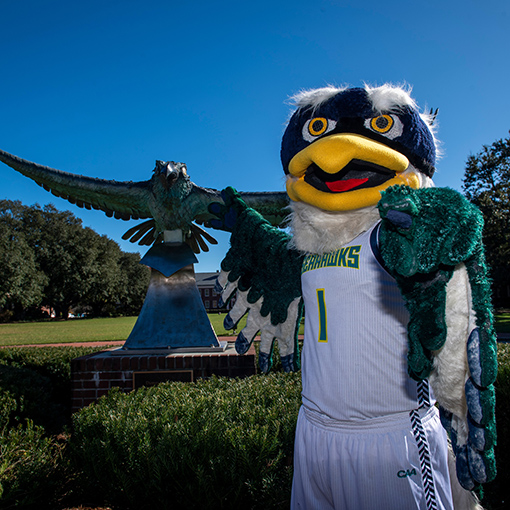Sammy Seahawk Mascot standing outside the Seahawk Statue at the front of campus pointing at the reader.