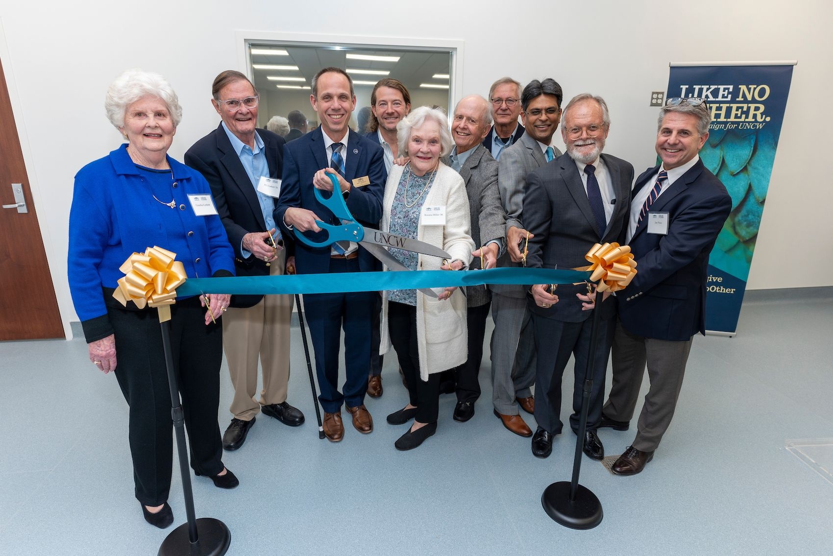 Chancellor Aswani Volety, College of Health and Human Services Dean Jack C. Watson, members of the Corbett family and community leaders celebrated the completion of the Dr. J. Richard “Dick” Corbett Anatomy Laboratory with a ribbon cutting ceremony on Feb. 21. 