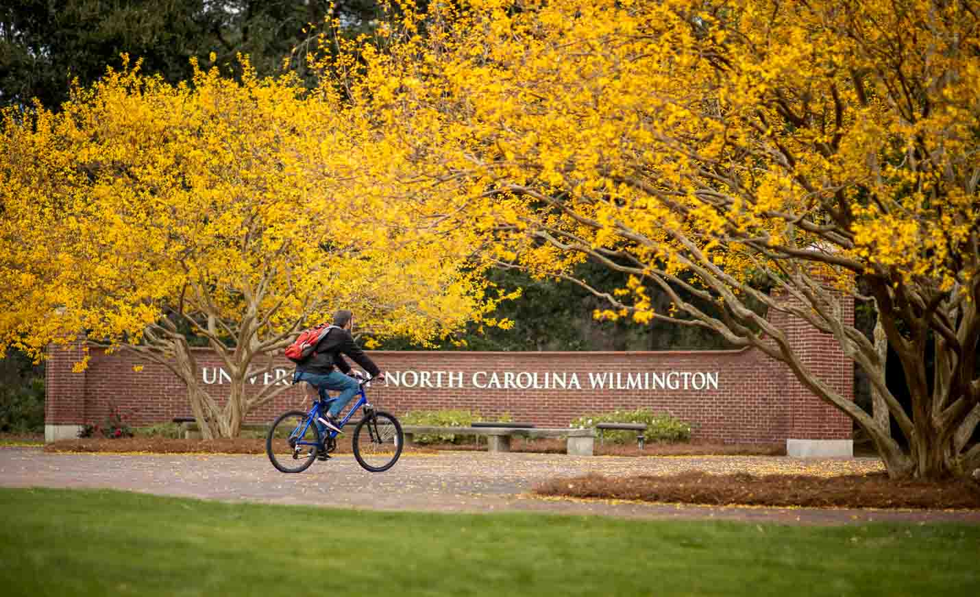 Students riding bikes in front of UNCW sign
