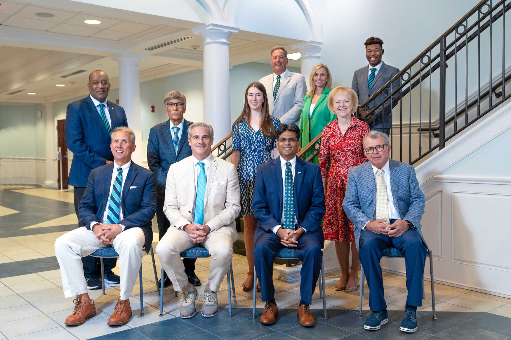 UNCW Board of Trustees: (Front Row L -R); Earl F. "Hugh" Caison, Carlton Fisher, Chancellor Aswani Volety, Robert S. Rippy,(2nd Row L-R); Malcomb D. Coley Sr., Yousry Sayed, Frances "Perry" Chappell, Aldona Z. Wos, (3rd Row L-R); Kevin H. Sills, Traci L. Butler, Cody Brandon.