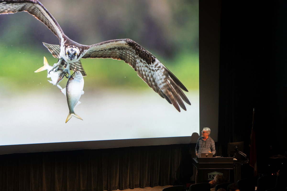 David Gessner speaks in front of a screen displaying an image of an osprey in flight