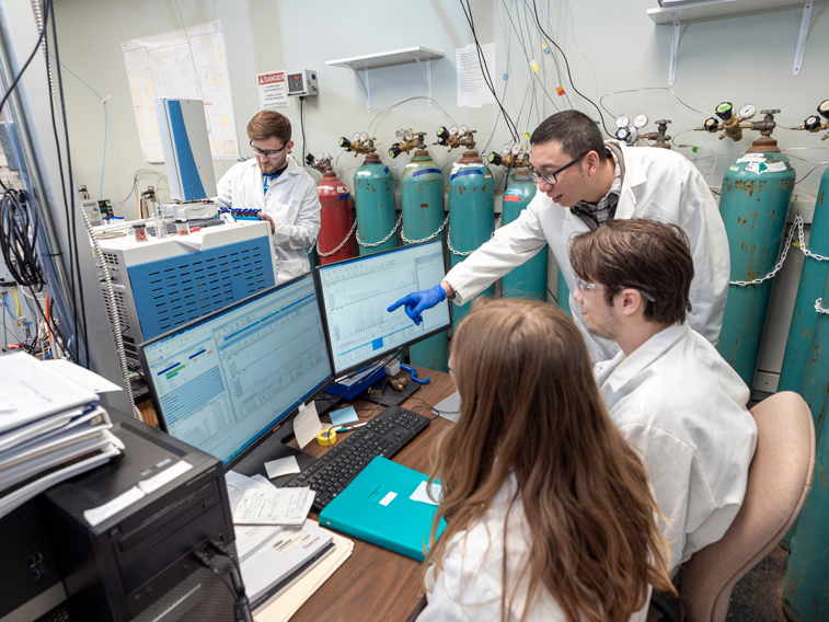 Students work with researchers in lab setting