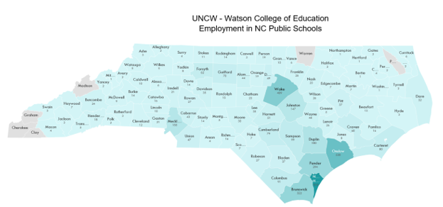 A map of the state of North Carolina with its counties shaded according to how many UNCW candidate completers are employed in that county.   