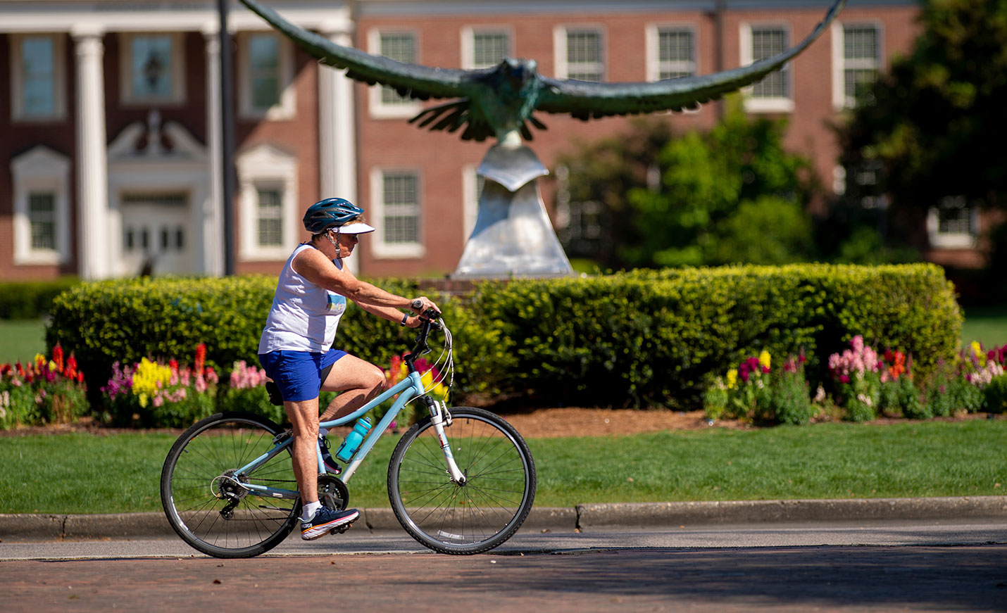 A picture of an older adult riding a bicycle in front of the seahawk sculpture on the UNCW campus.