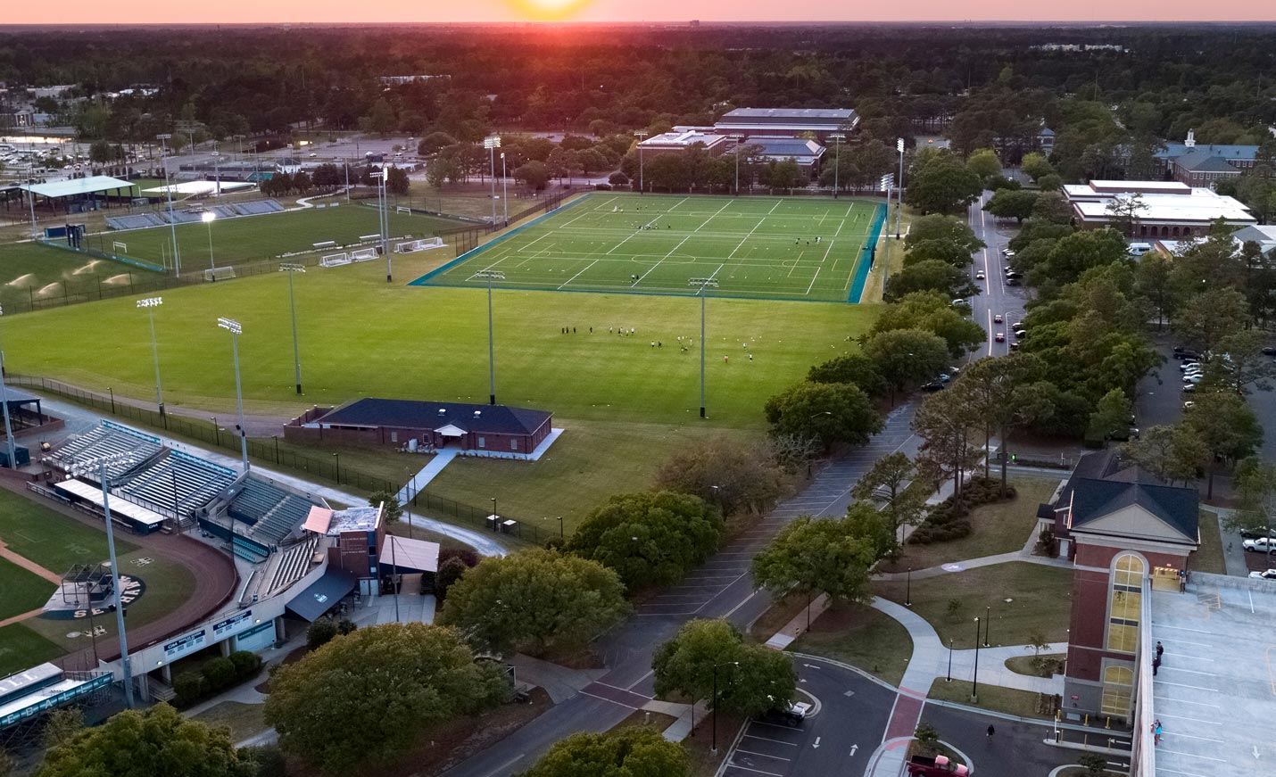Aerial shot of the multipurpose field on campus at UNCW.