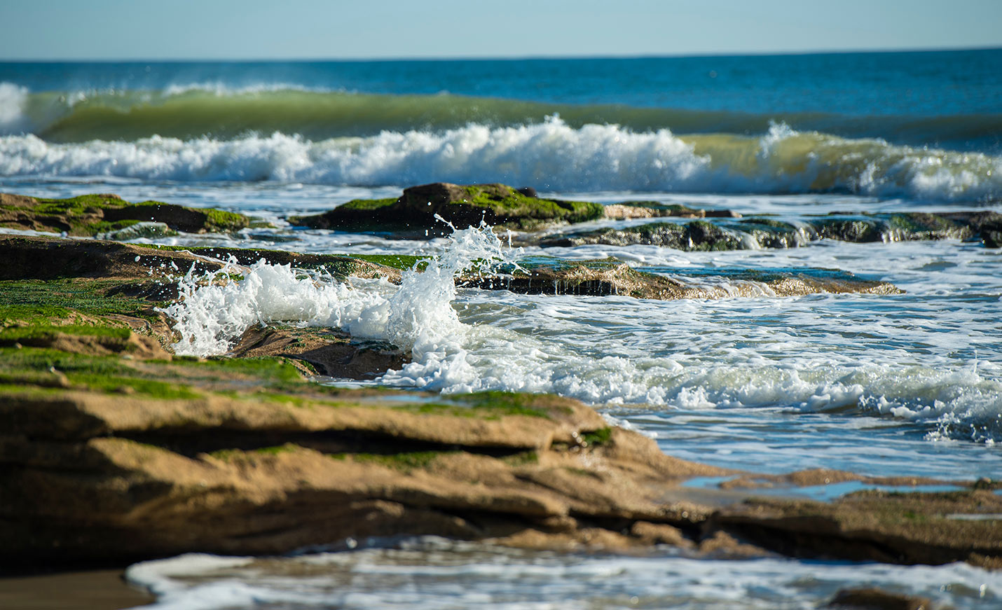 Coquina rocks on the shoreline with waves coming in