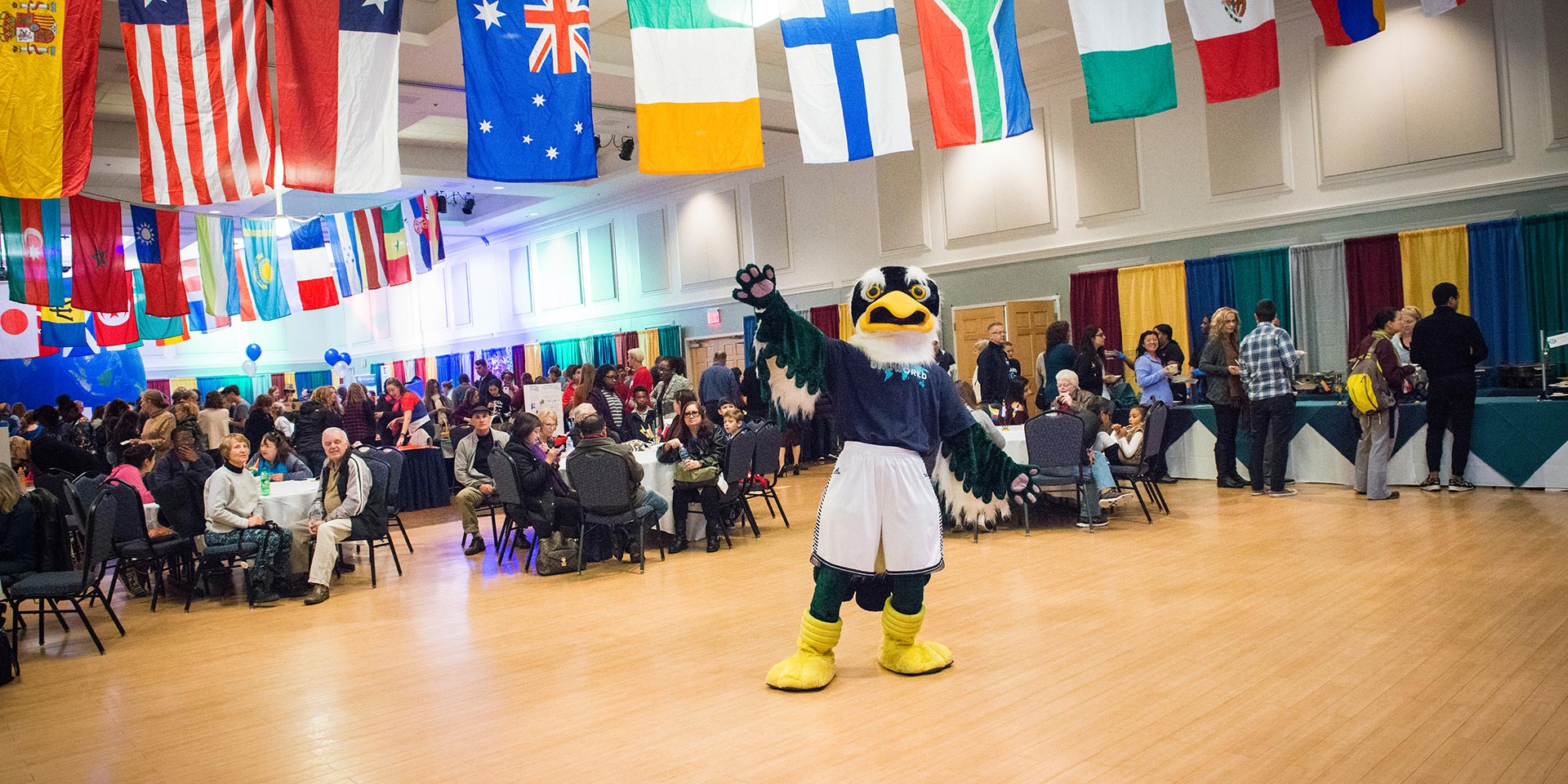 Sammy standing in front of flags during iFest