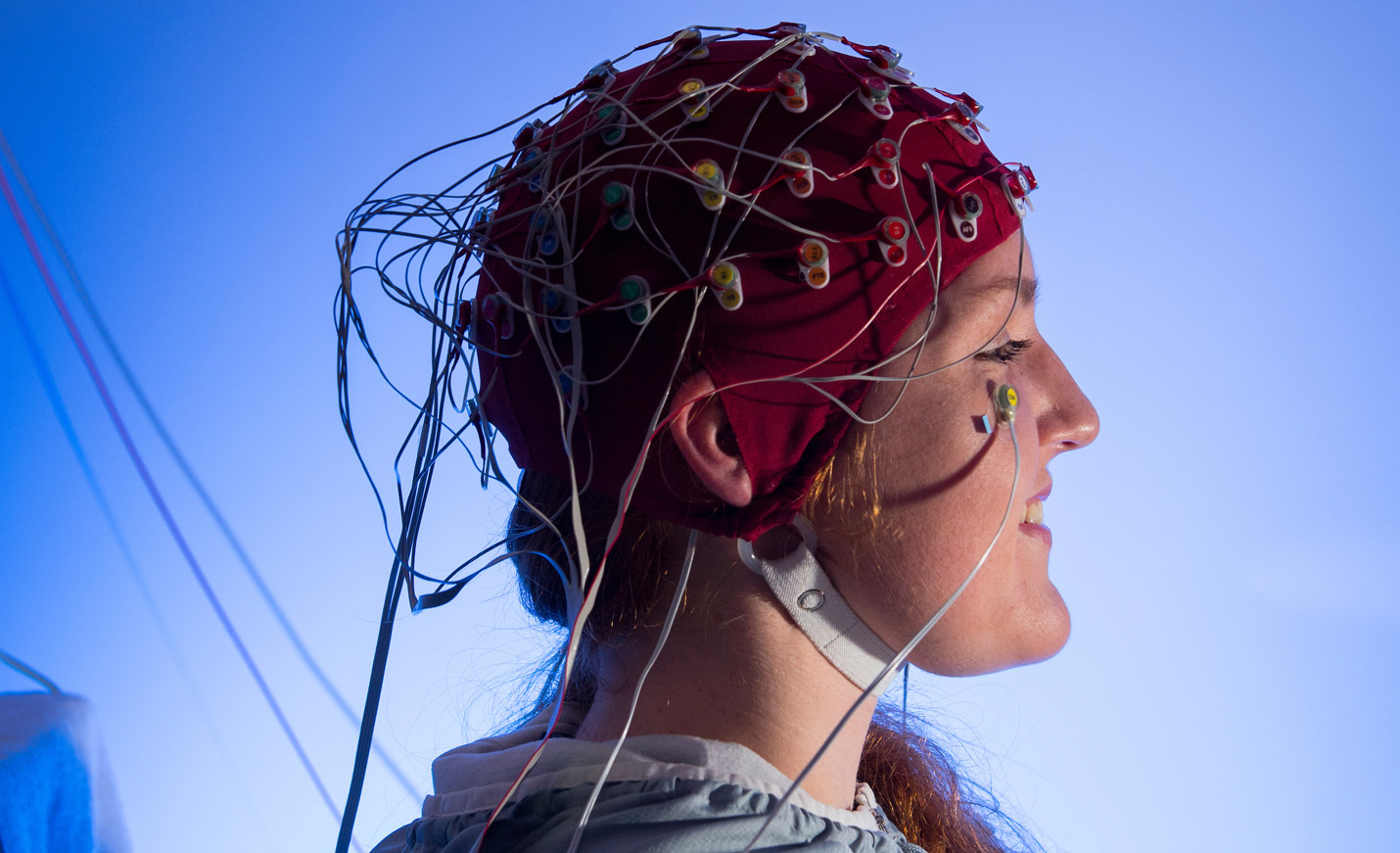 student wearing head devise to give biofeedback