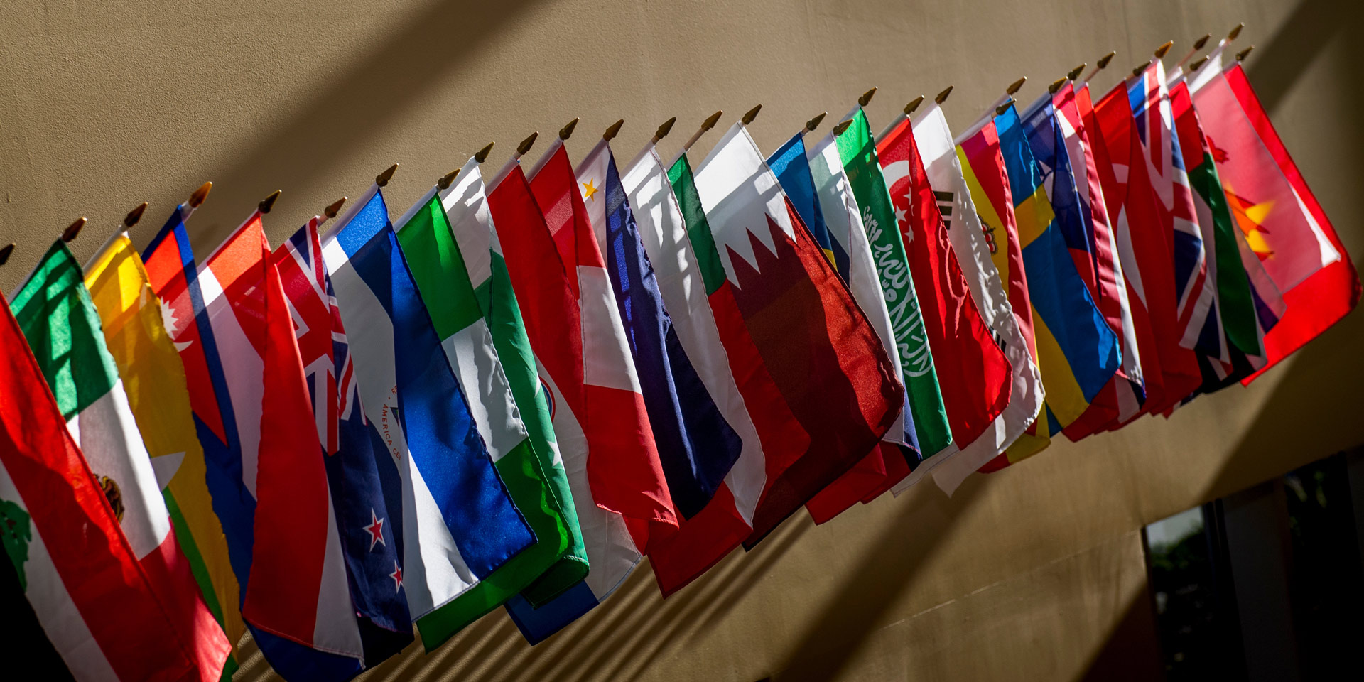 World flags hanging in Fisher Student Center