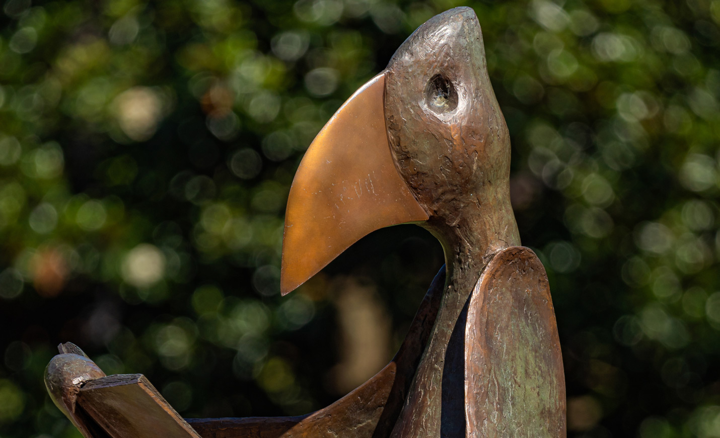 A close-up of the Seahawk reading sculpture that sits outside of Randall Library