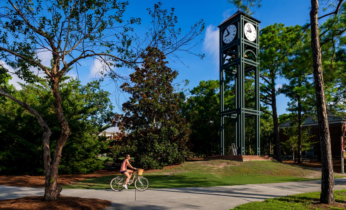 The UNCW clock tower looms large among the trees with a student riding past the campus landmark