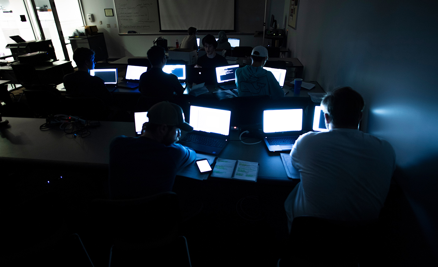 computers in dark classroom