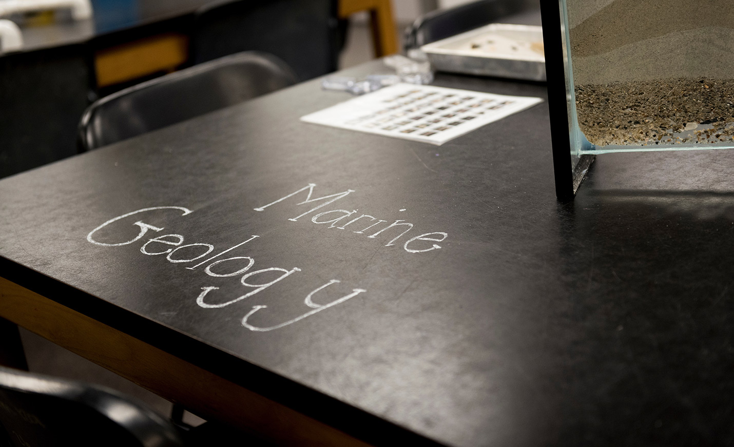 Closeup of writing on a table that says “Marine Geology”