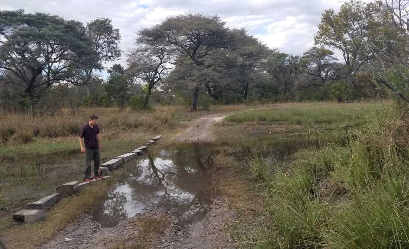 Student walking by watery road