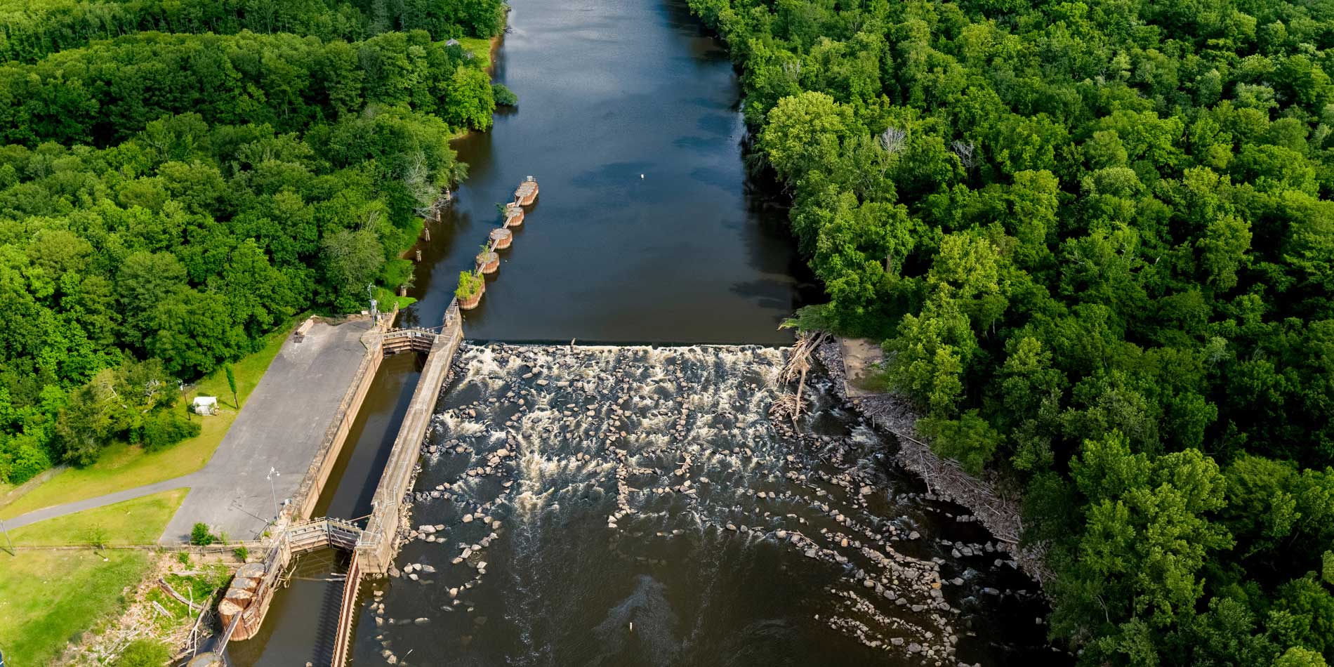Drone shot of lock and dam