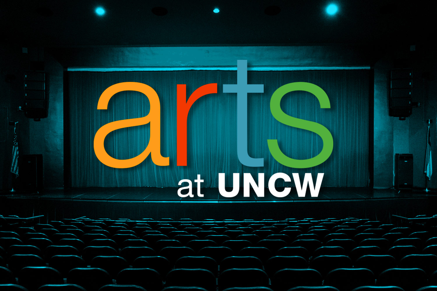 UNCW Arts over pic of state with red curtain