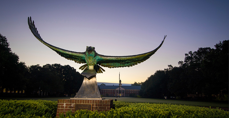Nighttime image of UNCW's seahawk statue, backlit by purple sunset.
