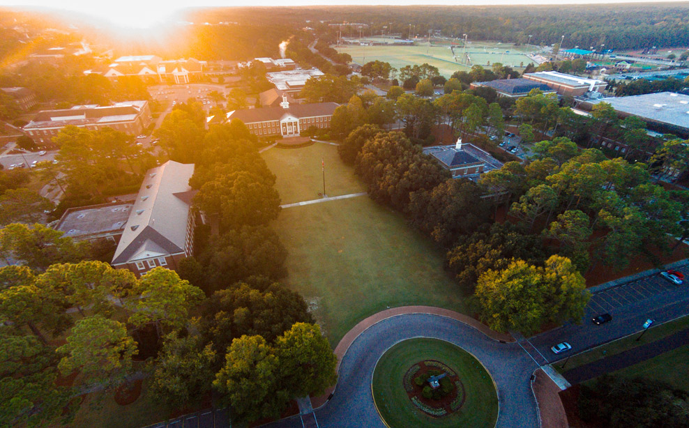 sunset aerial overview of front campus
