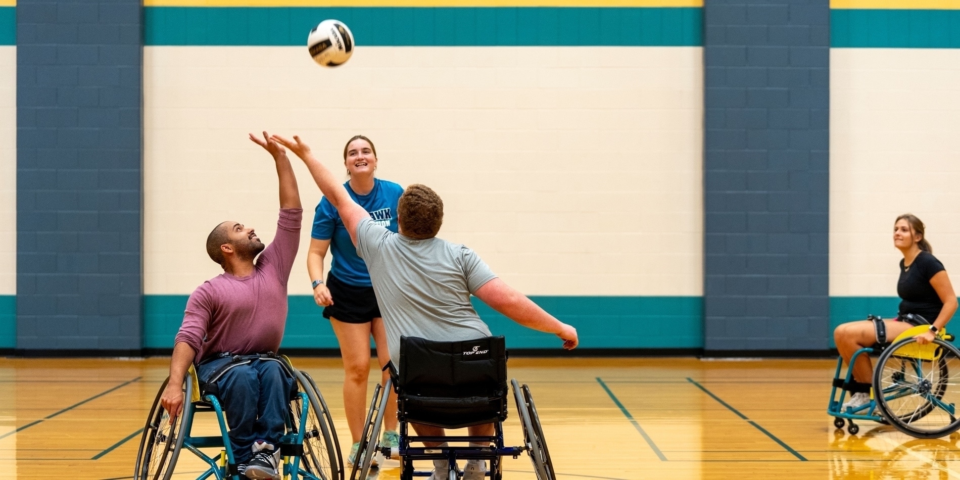 A game of wheelchair rugby being played
