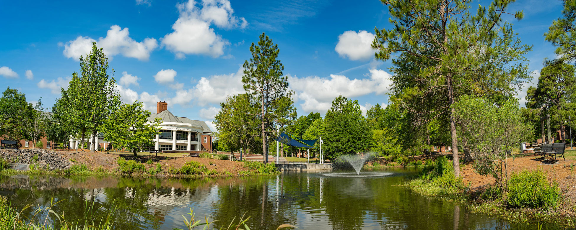 Leutze Lakes in Summer in front of Fisher Student Center