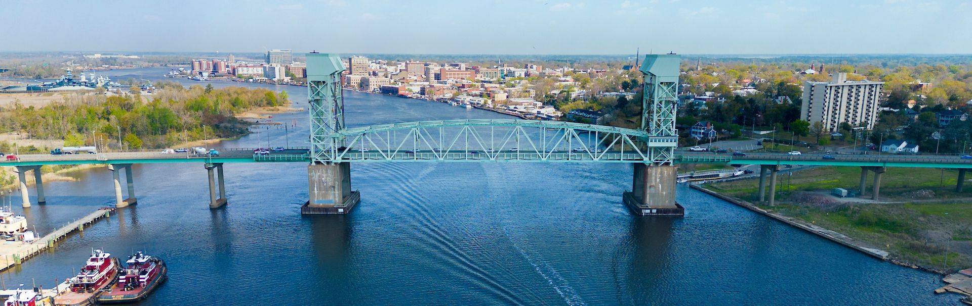 Aerial view of Cape Fear Memorial Bridge and downtown Wilmington