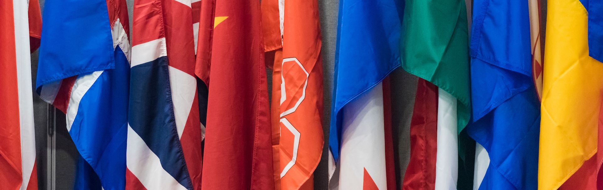Flags lined up against a wall at a graduation reception
