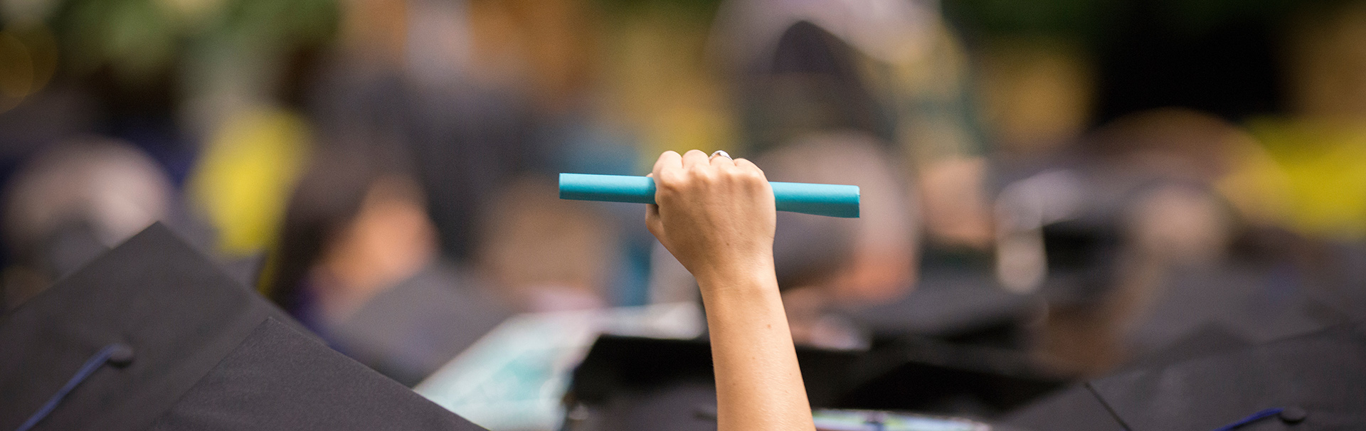 Blurred background with hand holding rolled diploma