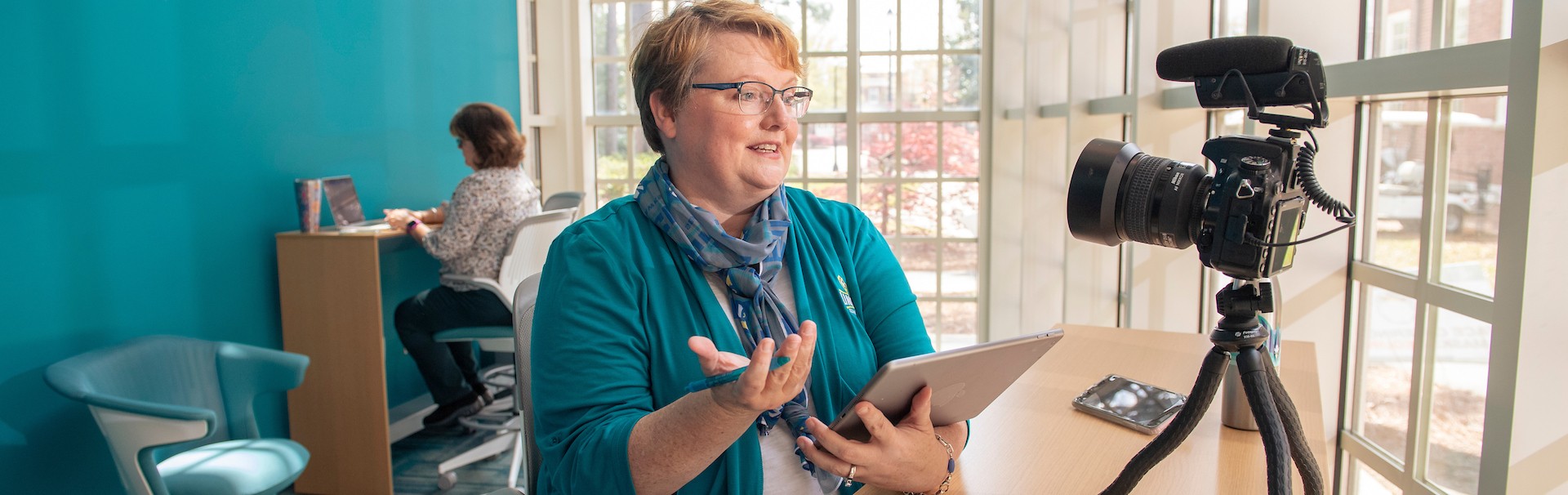 Teacher recording lecture using Distance Education equipment
