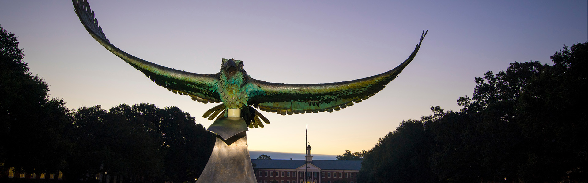 seahawk statue in front of campus at dusk