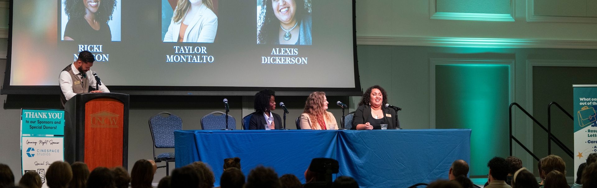 Four speakers on stage at the 2025 spring film symposium