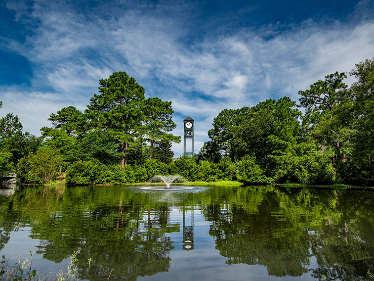 Lakeview of our clock tower on campus in summer