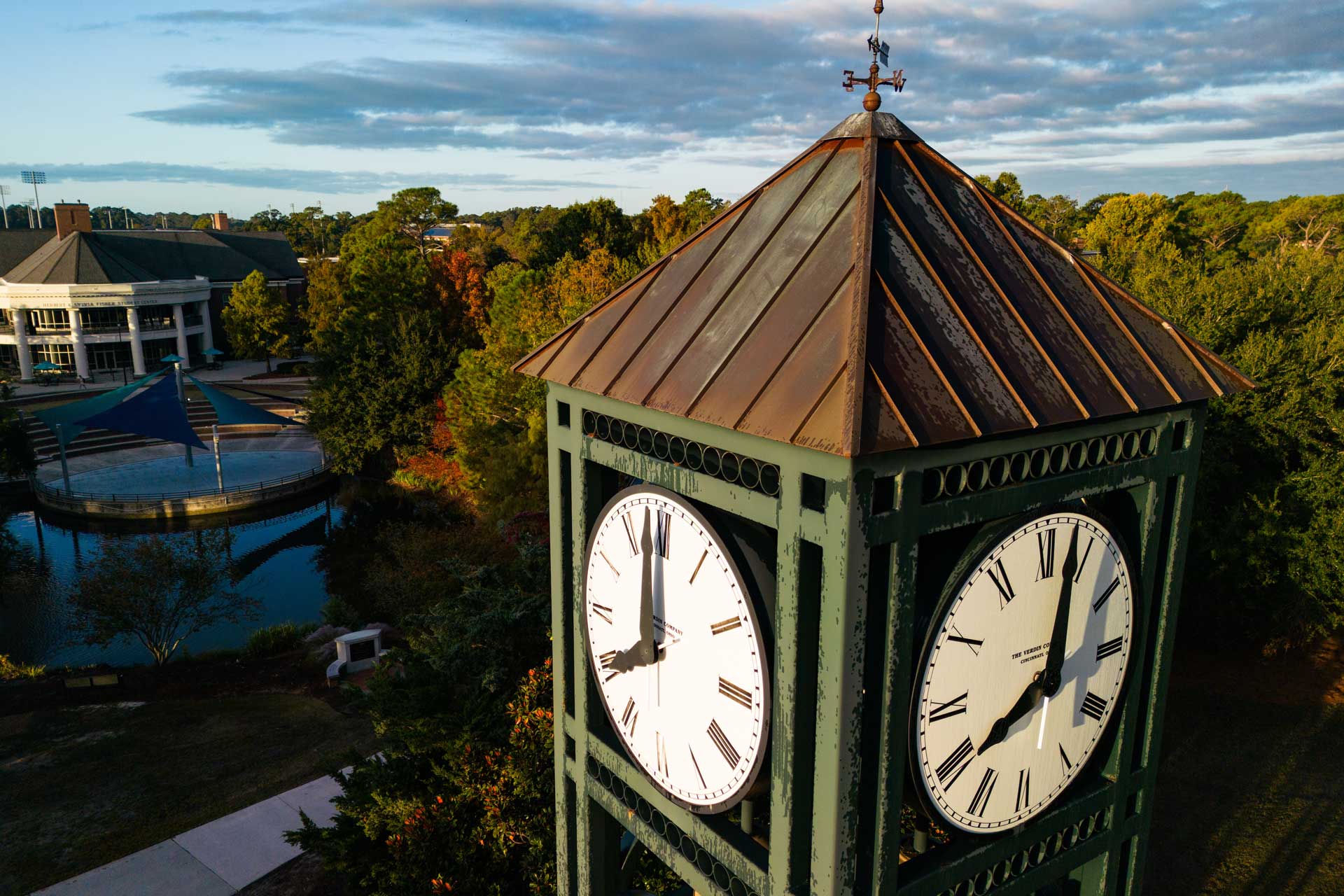 Aerial view of the Clock Tower and UNCW campus.