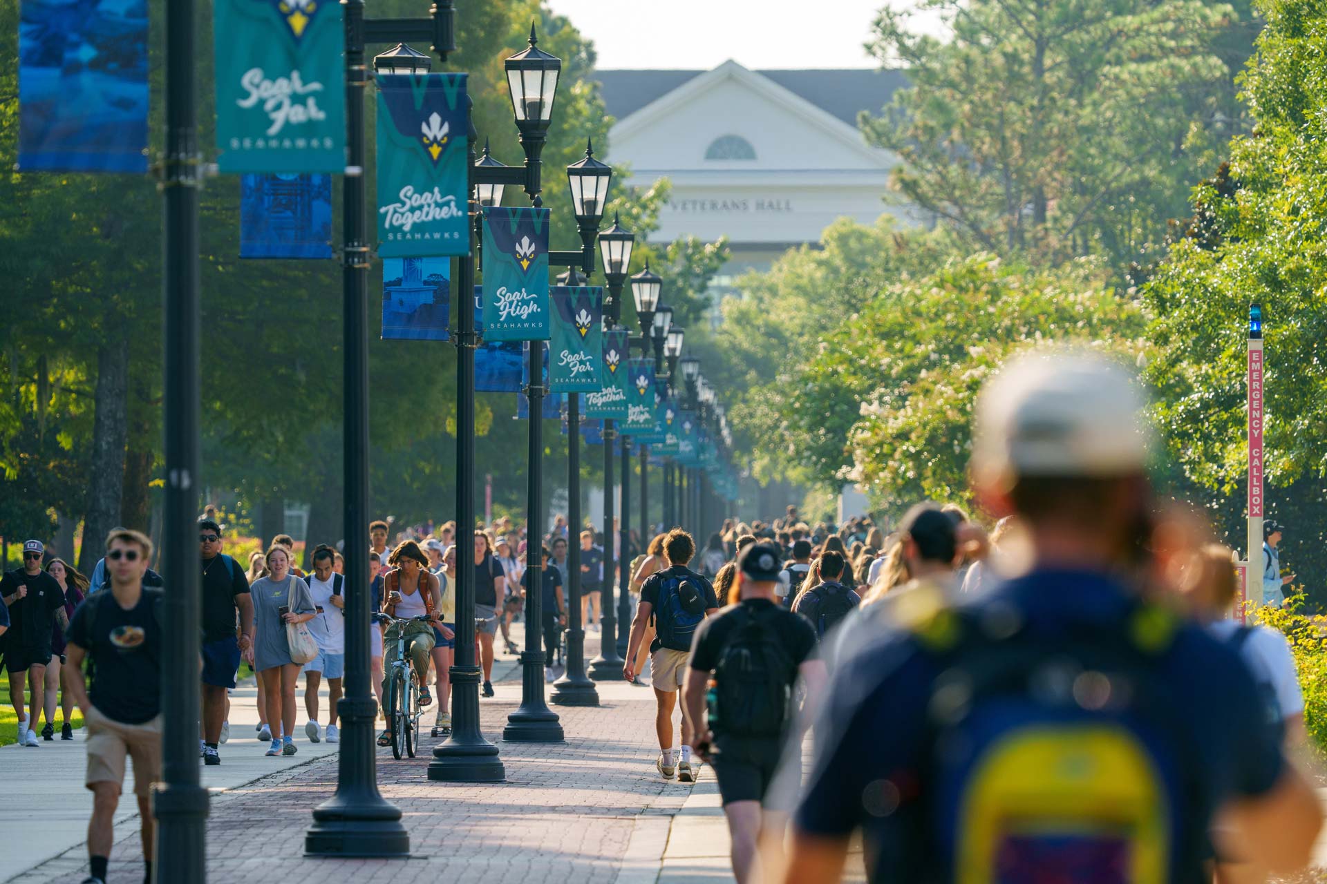 A large amount of UNCW students walking on a sidewalk