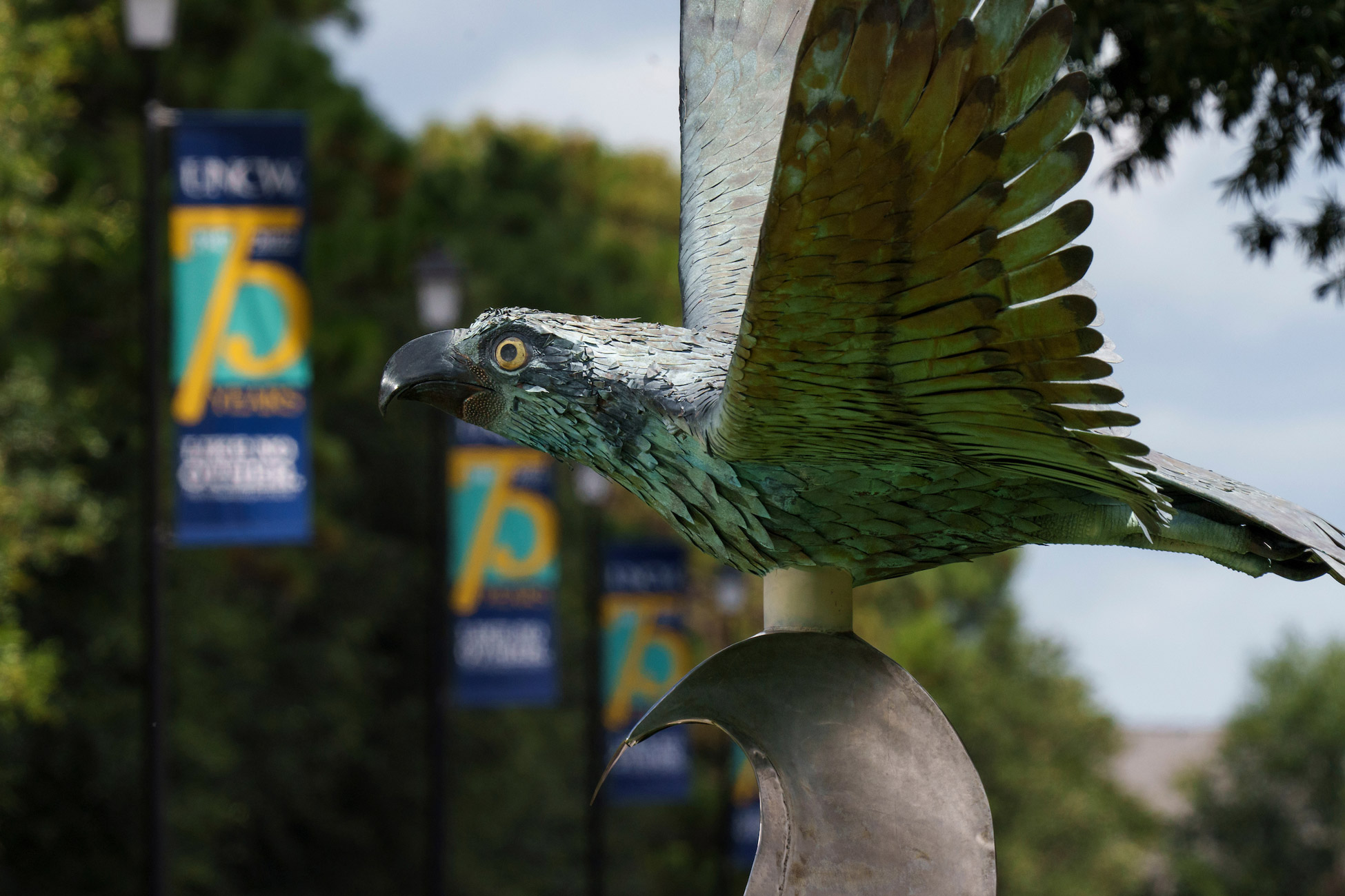 Soaring Seahawk statue with banners in background
