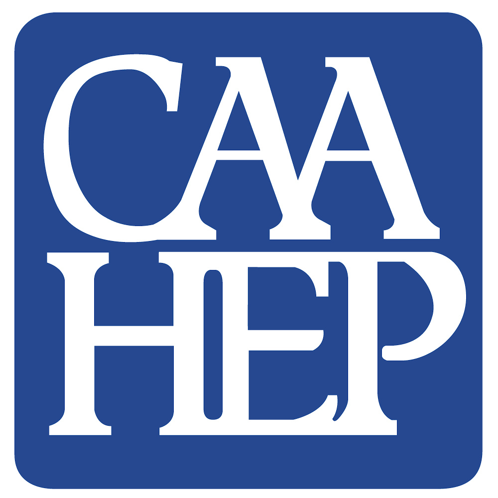 logo for the Commission on Accreditation of Allied Health Education Programs. A dark blue box has CAAHEP white lettering.