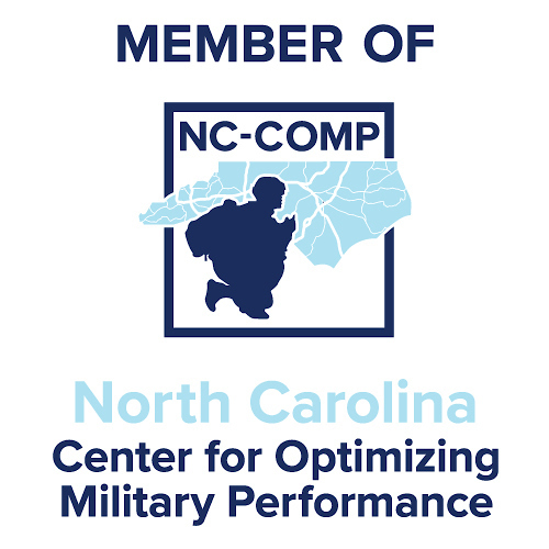 Logo of the North Carolina Center for Optimizing Military Performance. A dark navy soldier's silhouette kneels in front of the light blue outline of North Carolina with the text NC-COMP above it.