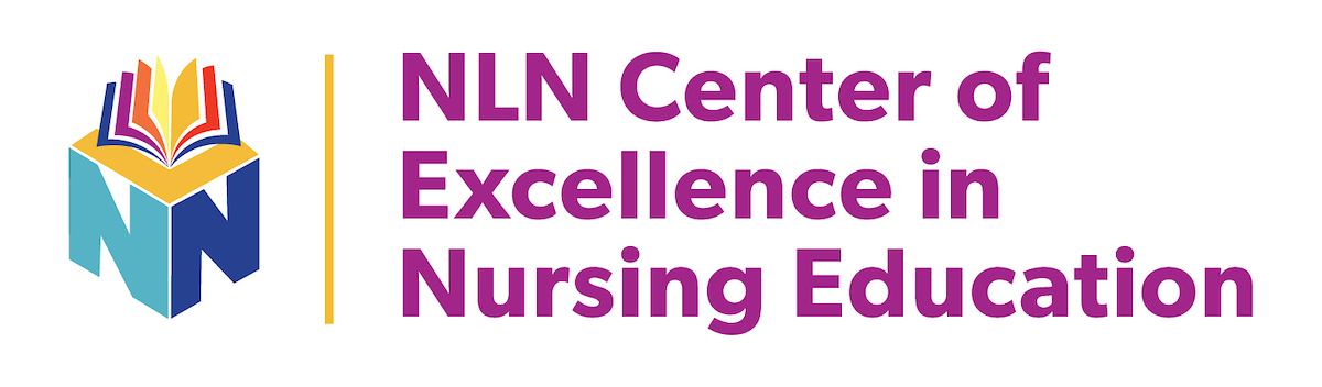 Logo for National League of Nursing Center of Excellence. The letters NLN form a box with a open book sitting on top.