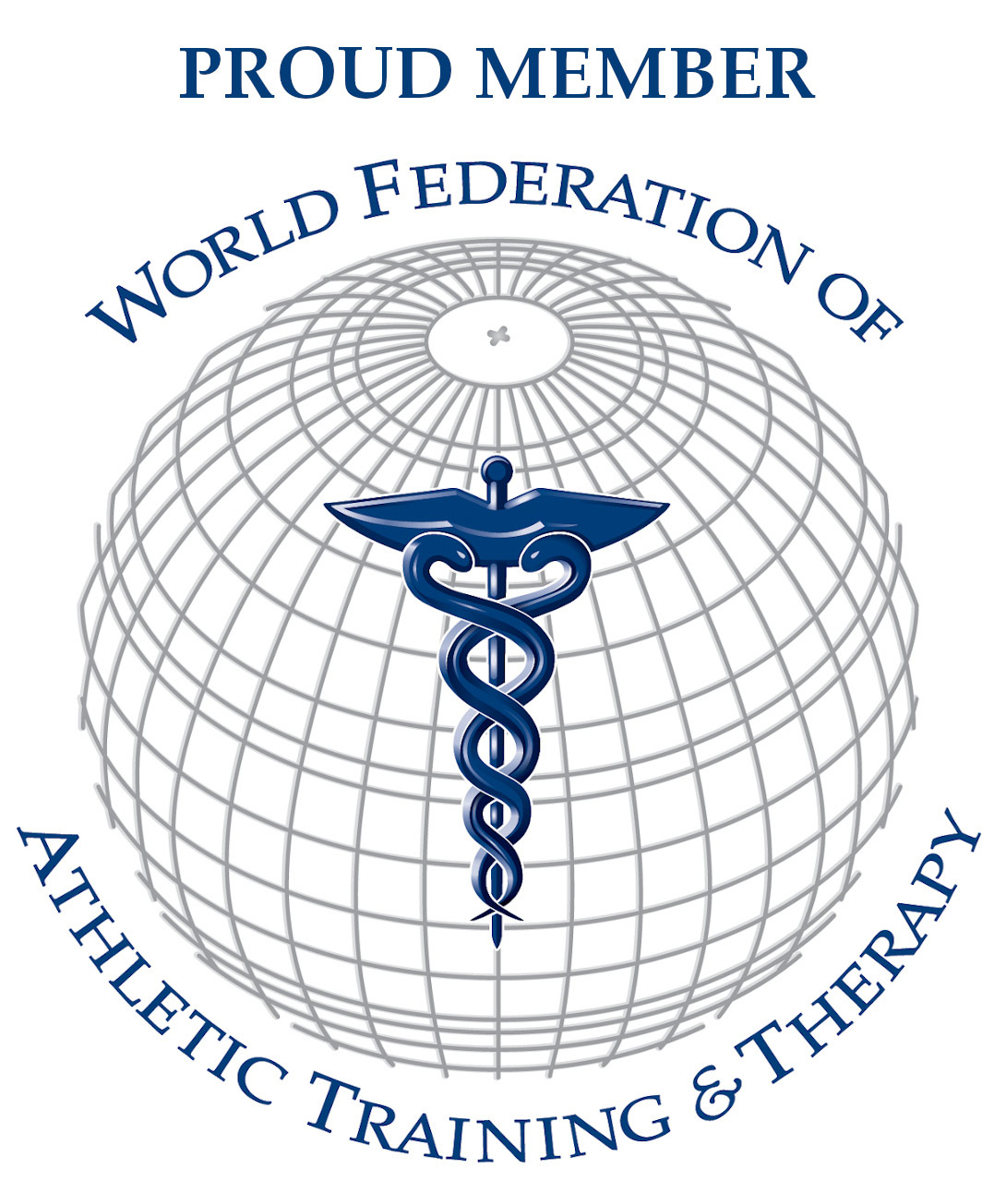 Logo of the World Federation of Athletic Training & Therapy with a grey globe with a blue Rod of Asclepius in the middle