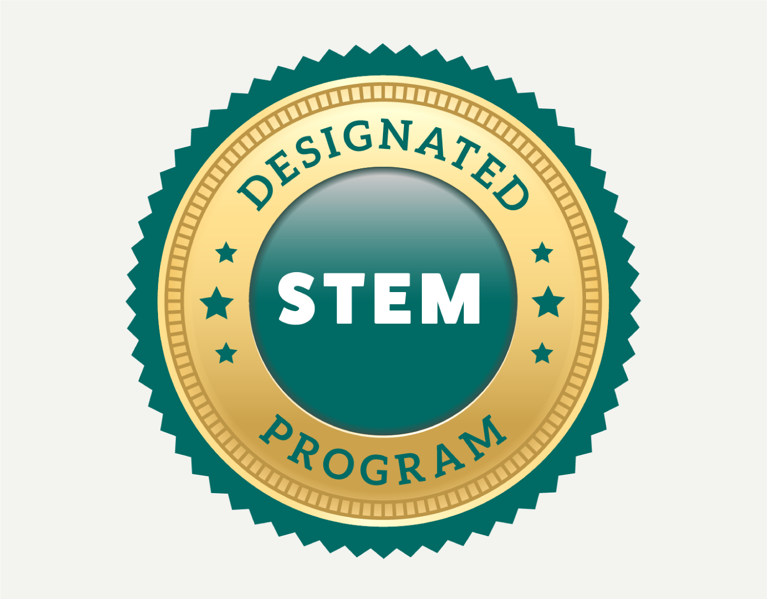 STEM designated program logo, teal and gold with STEM text