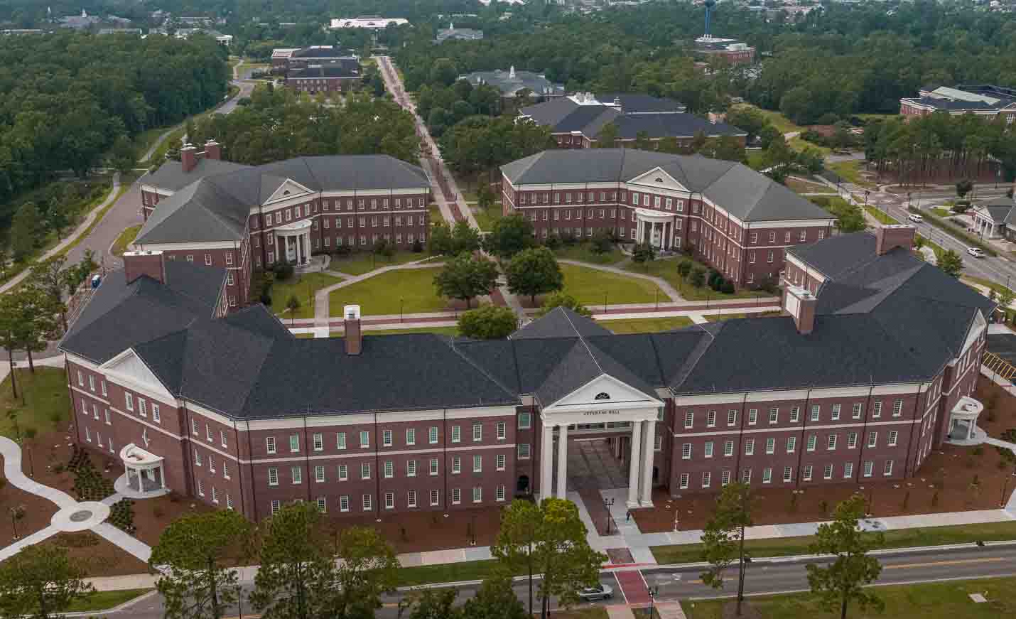 Ariel view of veterans Hall, finished in 2020 completes the Health and Human Services Quad.