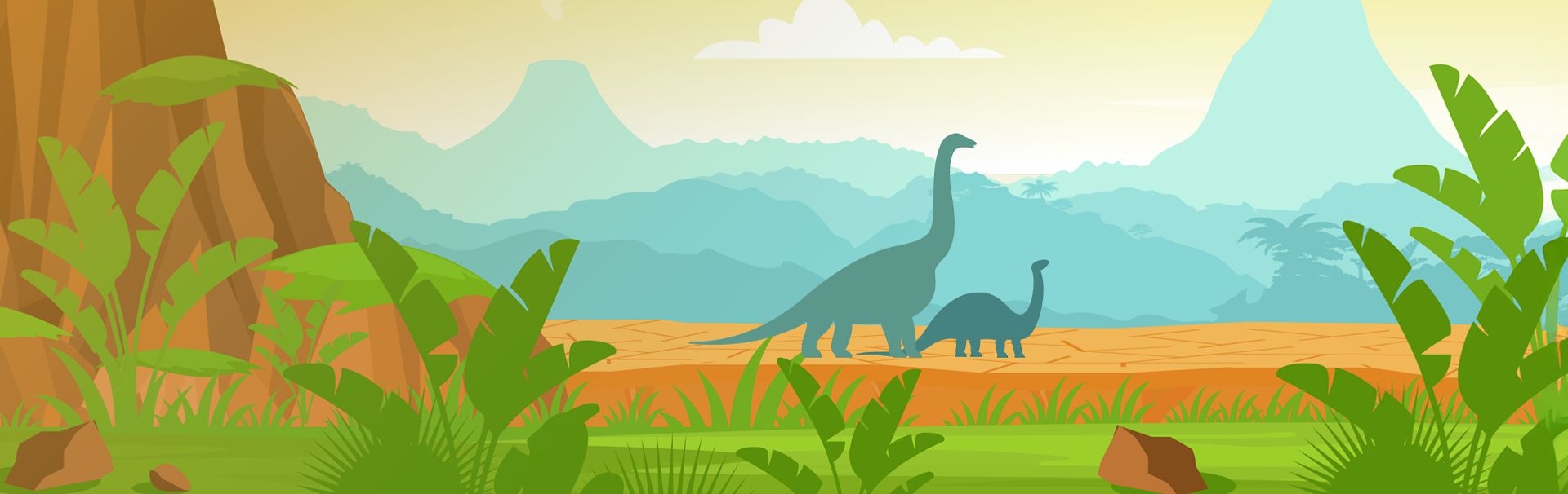 Illustration of two long‑neck dinosaurs in a lush valley with mountains and jungle plants in the background.