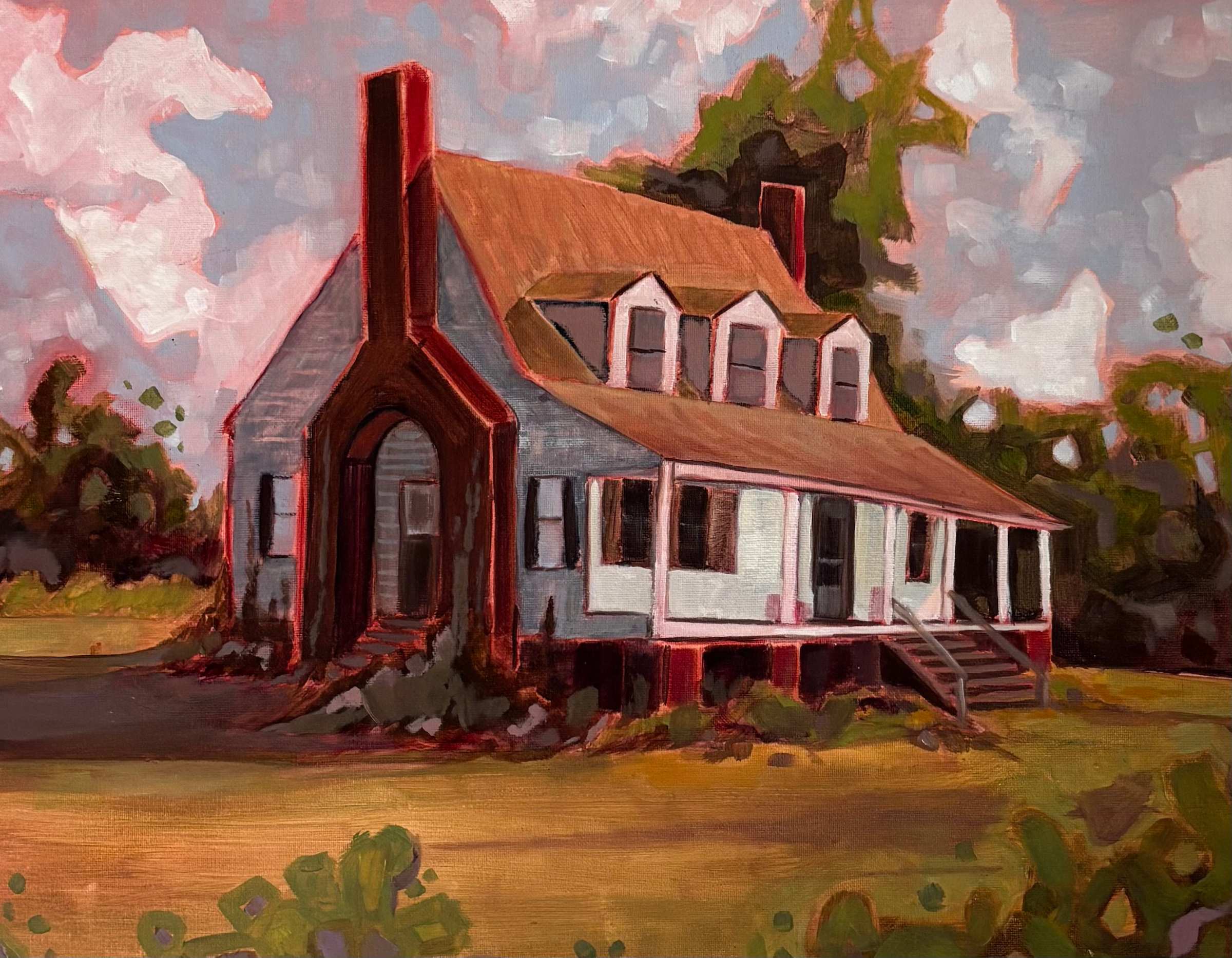 Painting of a house in an art gallery