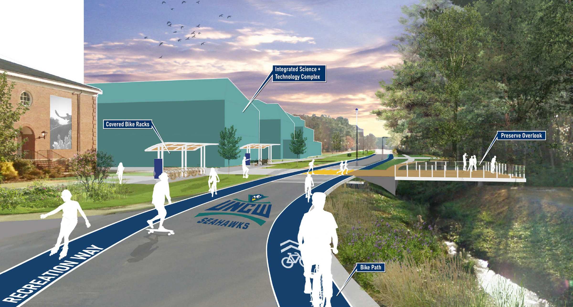 Price Drive recreation corridor concept imagery featuring bike path, preserve overlook, covered bike racks, and integrated science and technology complex