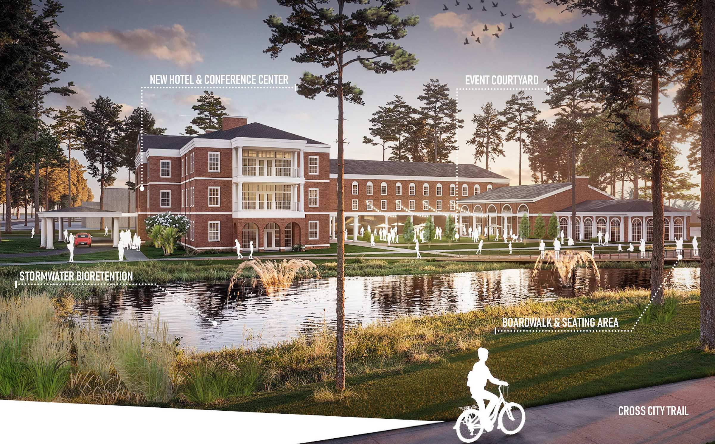 South Campus Gateway rendering with proposed hotel and conference center, event courtyard, boardwalk and seating area facing a retention pond and Cross City Trail