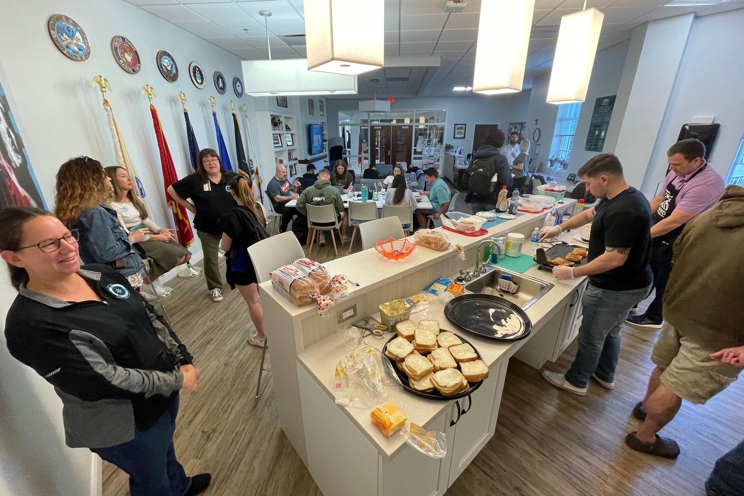 gathering of military people with food