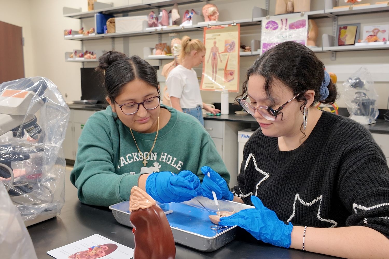 Students dissecting a pig's heart during Saturday programming