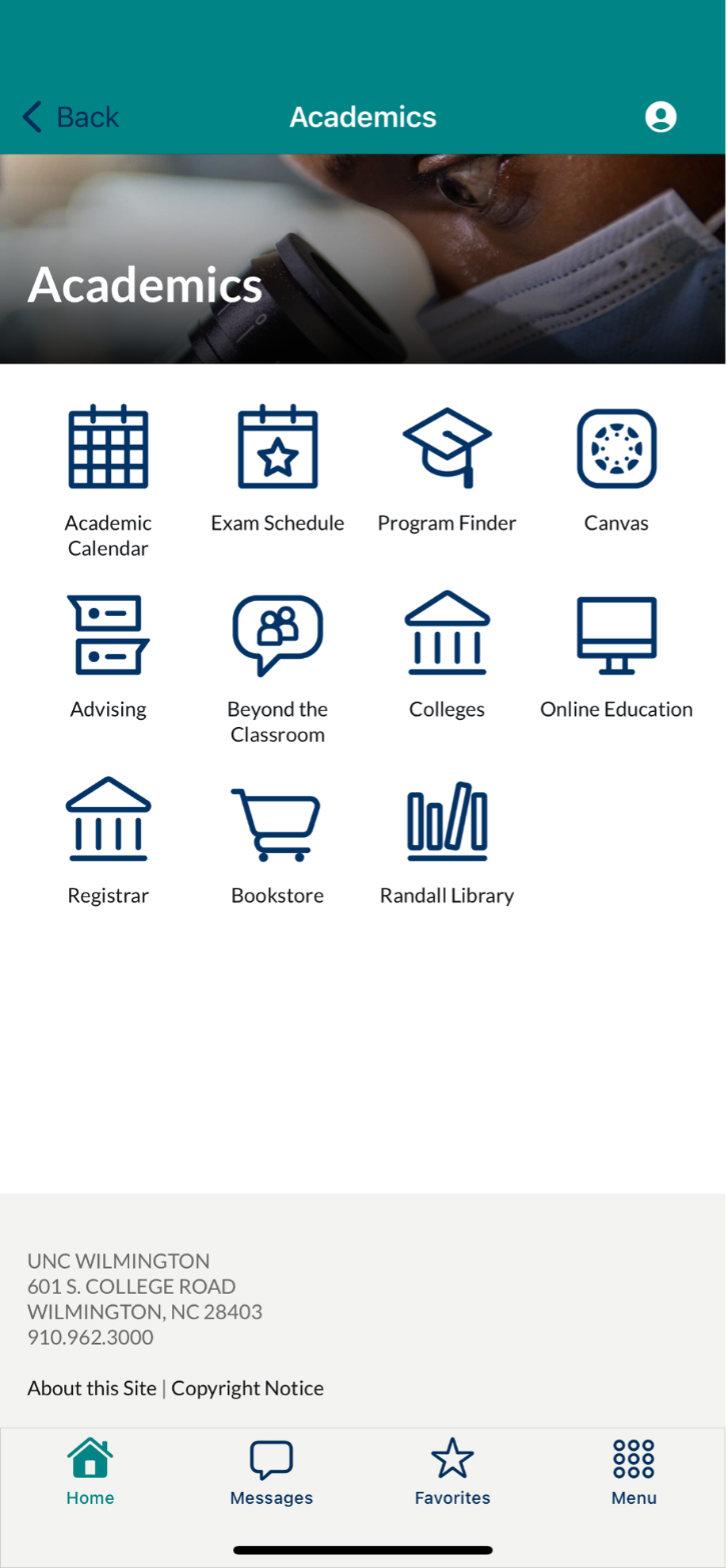 uncw mobile academics screen