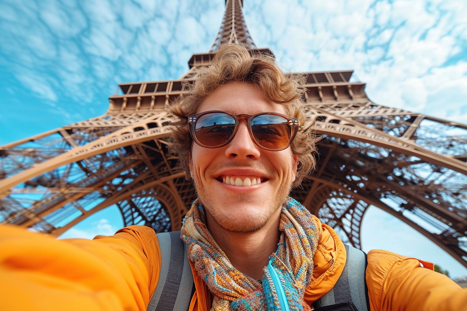 Happy man taking selfie in front of Eiffel tower in Paris, France