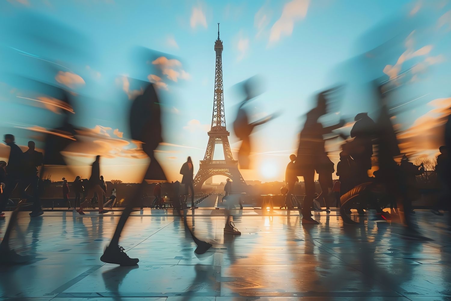 Blurred People walking near Eiffel tower